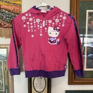 Vintage 00s Hello Kitty Christmas Full-Zip Kids Pink Snowflake Hoodie Girl’s Med